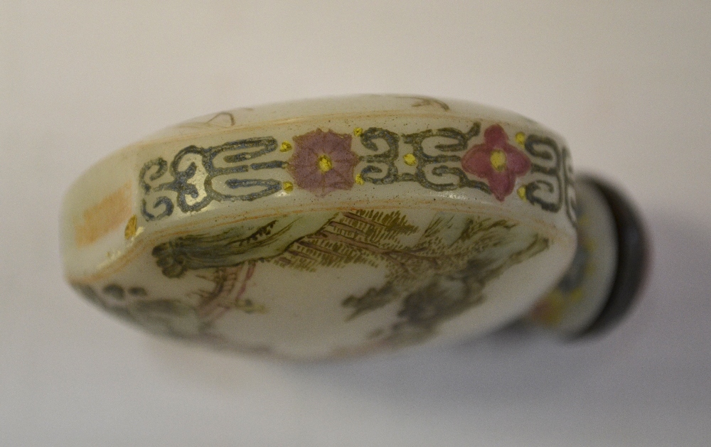 A Chinese Canton enamel circular lobed pot and cover, the bowl decorated with two panels depicting - Image 7 of 14