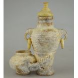 A Chinese carved soap stone ink pot and brush-washer with turned cover, twin elephant-mask handles