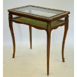 A French ormolu mounted Kingwood vitrine table raised on slender cabriole legs, 76 x 73 x 47 cm