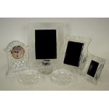 Three Waterford picture frames, 27 x 22 cm, 21 x 16 cm and 13 x 10 cm, to/w a mantel clock with a