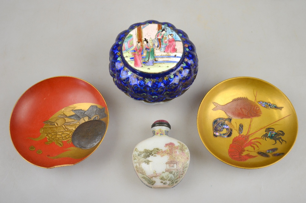 A Chinese Canton enamel circular lobed pot and cover, the bowl decorated with two panels depicting