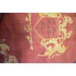 Pair of heavy lined and inter-lined curtains, terracotta ground with maize lion and unicorn motif,