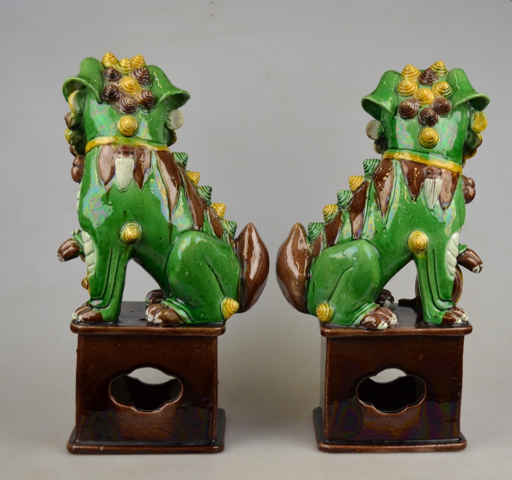 A pair of Chinese sancai glazed dogs of Fo seated on rectangular pedestal bases, early 20th century, - Image 3 of 4