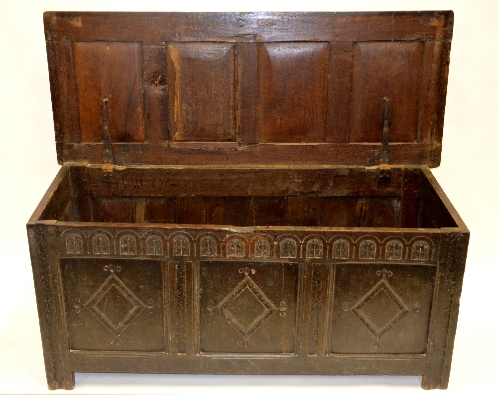 A late 17th century oak coffer, the four