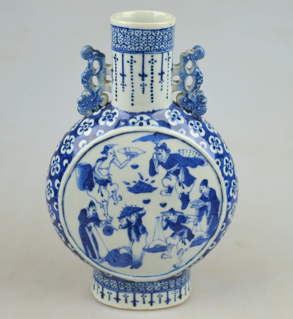 A Chinese 19th century blue and white porcelain moon flask, each face decorated with six artisan - Image 3 of 3