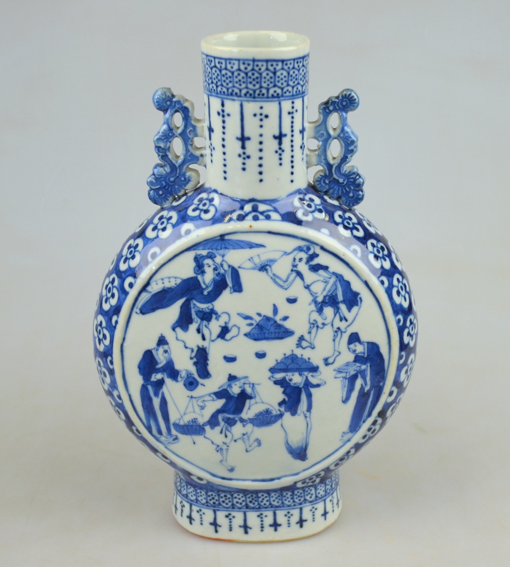 A Chinese 19th century blue and white porcelain moon flask, each face decorated with six artisan