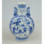 A Chinese 19th century blue and white porcelain moon flask, each face decorated with six artisan