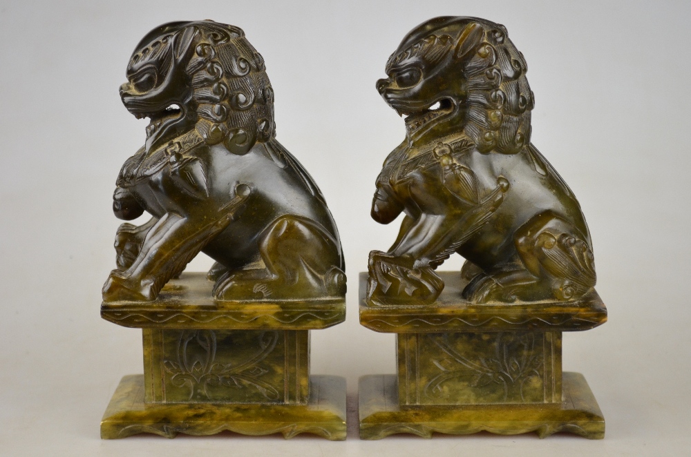 A pair of Chinese carved soapstone seate - Image 2 of 4