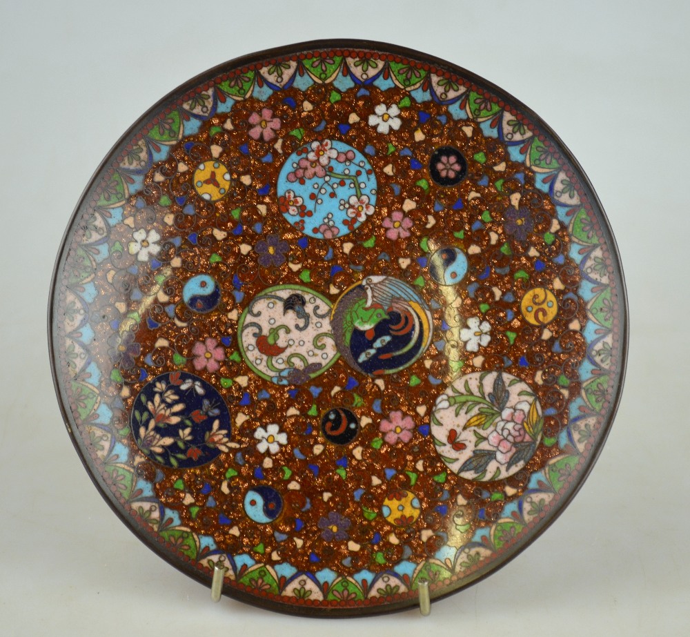 A Japanese cloisonne dish, decorated wit