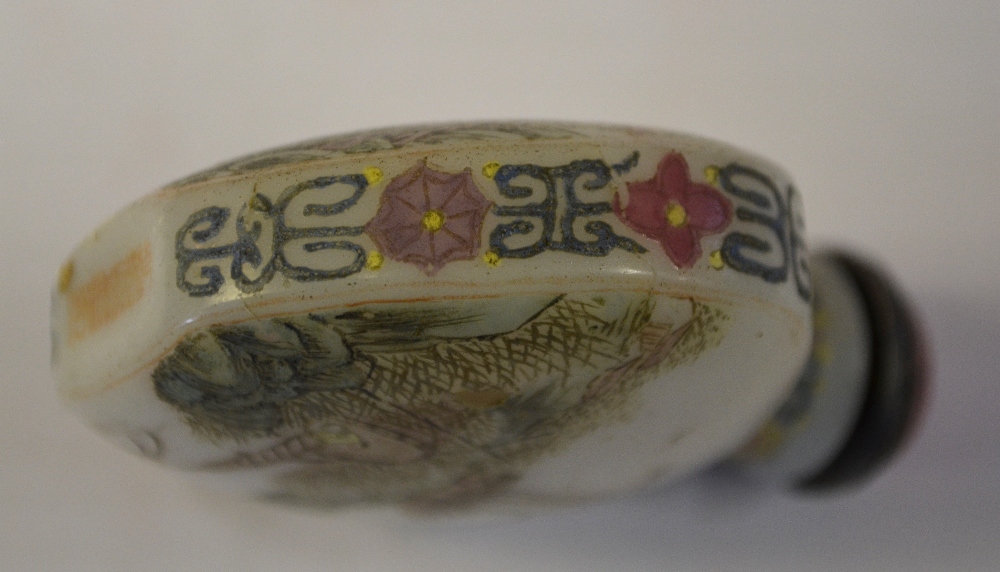 A Chinese Canton enamel circular lobed pot and cover, the bowl decorated with two panels depicting - Image 8 of 14