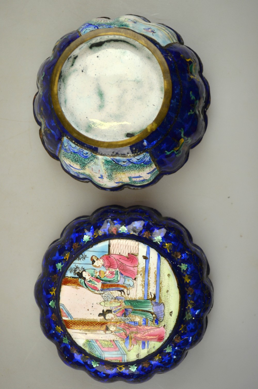 A Chinese Canton enamel circular lobed pot and cover, the bowl decorated with two panels depicting - Image 3 of 14