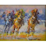 A Veccio - Horses racing, oil on canvas, signed lower right, 19.