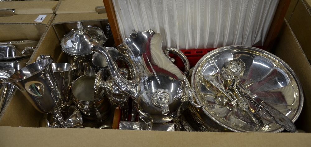 Two boxes of epns tableware, including tea set, goblets, dishes, flatware, etc.