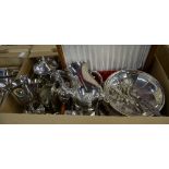 Two boxes of epns tableware, including tea set, goblets, dishes, flatware, etc.