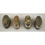 Four Japanese 19th century sword Fuchikashira mounted in white metal as oval pill boxes (4)