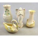 Belleek 5th Period 1955-65 - Vase with yellow lustre detail, 16 cm to/w 6th period swan vase and