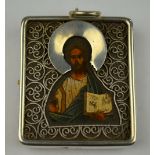 A miniature Russian 84 zol icon framing a handpainted profile of Jesus Christ,