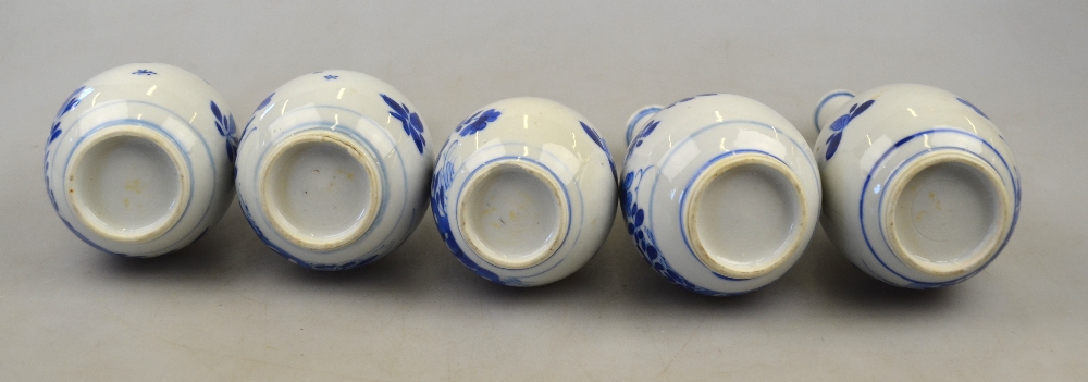 Five Chinese blue and white small pear-shaped vases decorated with flowers, birds, insects and - Image 3 of 4