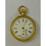 An 18ct gold fob-watch with enamel dial and top-wind movement, in ornately engraved case Condition