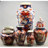 A Japanese Imari ovoid vase, 29 cm to/w five further Imari vases, all Meiji, to/w a Staffordshire