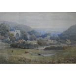 George Adams - An extensive village view with cattle and drover in foreground, watercolour, signed