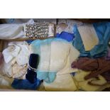 Box of assorted haberdashery to include collars, cuffs, metalissed embroidered net, lace bedging,