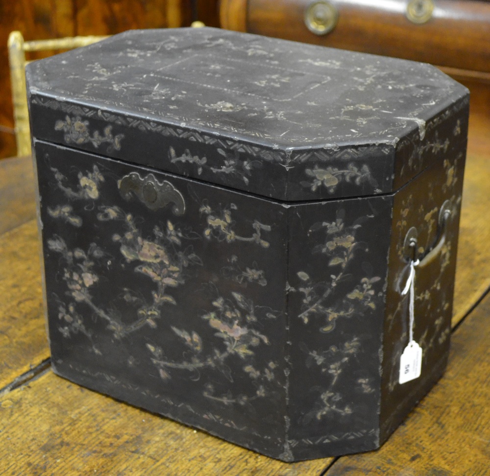 A Chinese 18th century black lacquer chamfered rectangular travelling box decorated in mother of - Image 2 of 7