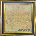 A George IV cross-stitch needlework sampler, worked with home and garden, flowers, birds, animals