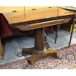 An early Victorian rosewood card table, the fold over top with baize lining over a shaped and