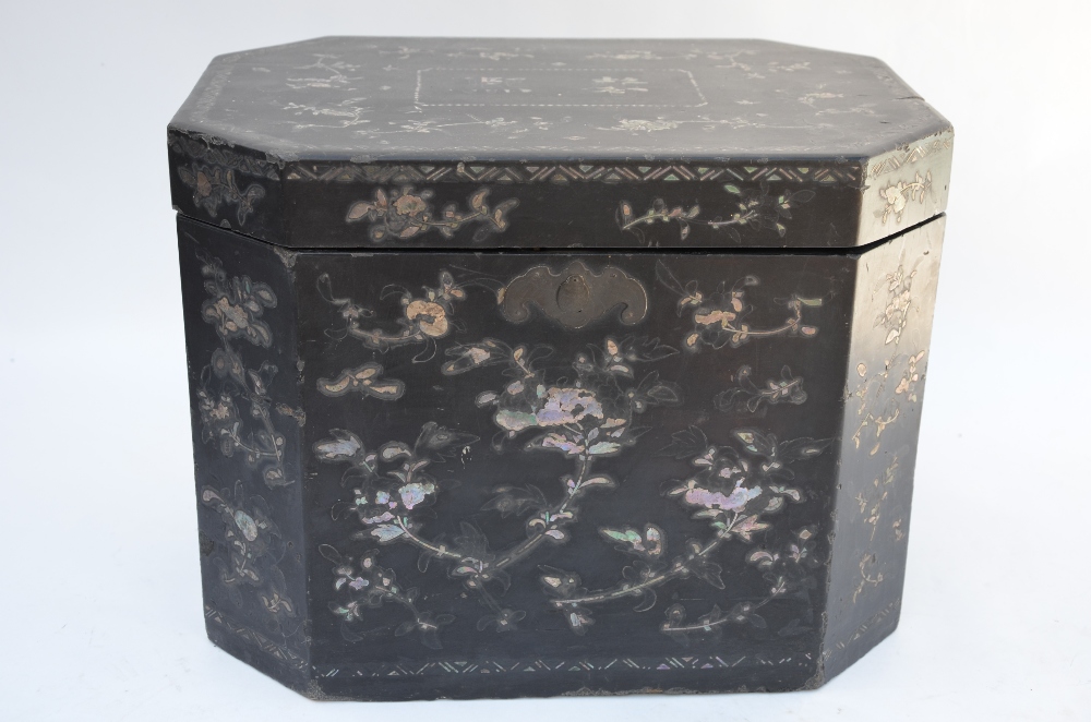 A Chinese 18th century black lacquer chamfered rectangular travelling box decorated in mother of - Image 3 of 7