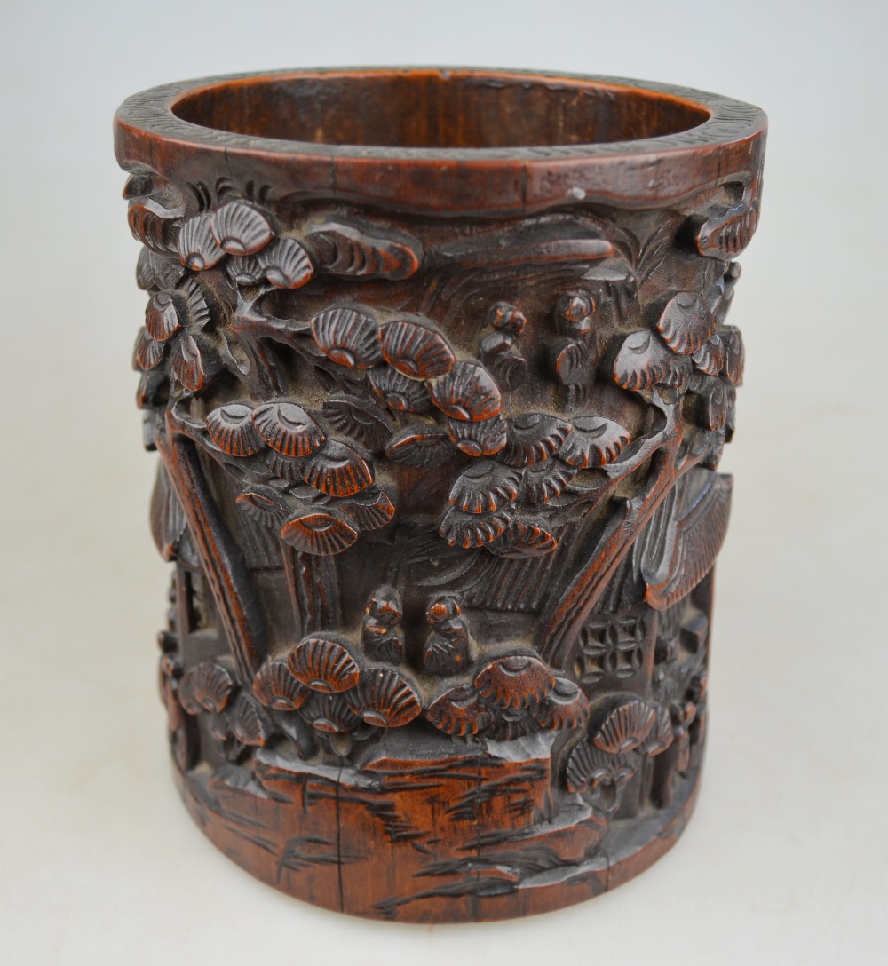 A Chinese bamboo brush pot carved with numerous figures on a mountainous path with buildings and - Image 2 of 9