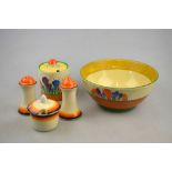 A Clarice Cliff Bizarre Autumn Crocus pattern bowl, 16.6 cm dia. and cylindrical jam pot, 9 cm h.