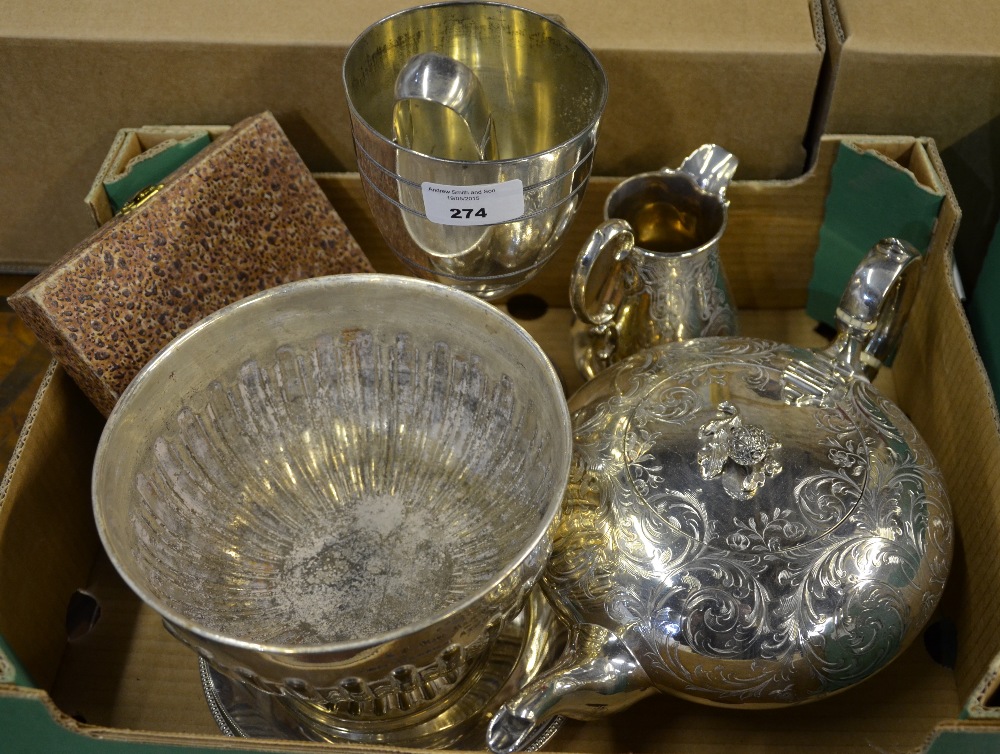 A Victorian electroplated engraved teapot of compressed melon form, to/w a rose bowl, cream jug,