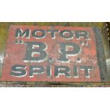 A vintage double sided red enamel 'B.P' Motor Spirit advertising sign by Bruton, Palmer's Green,