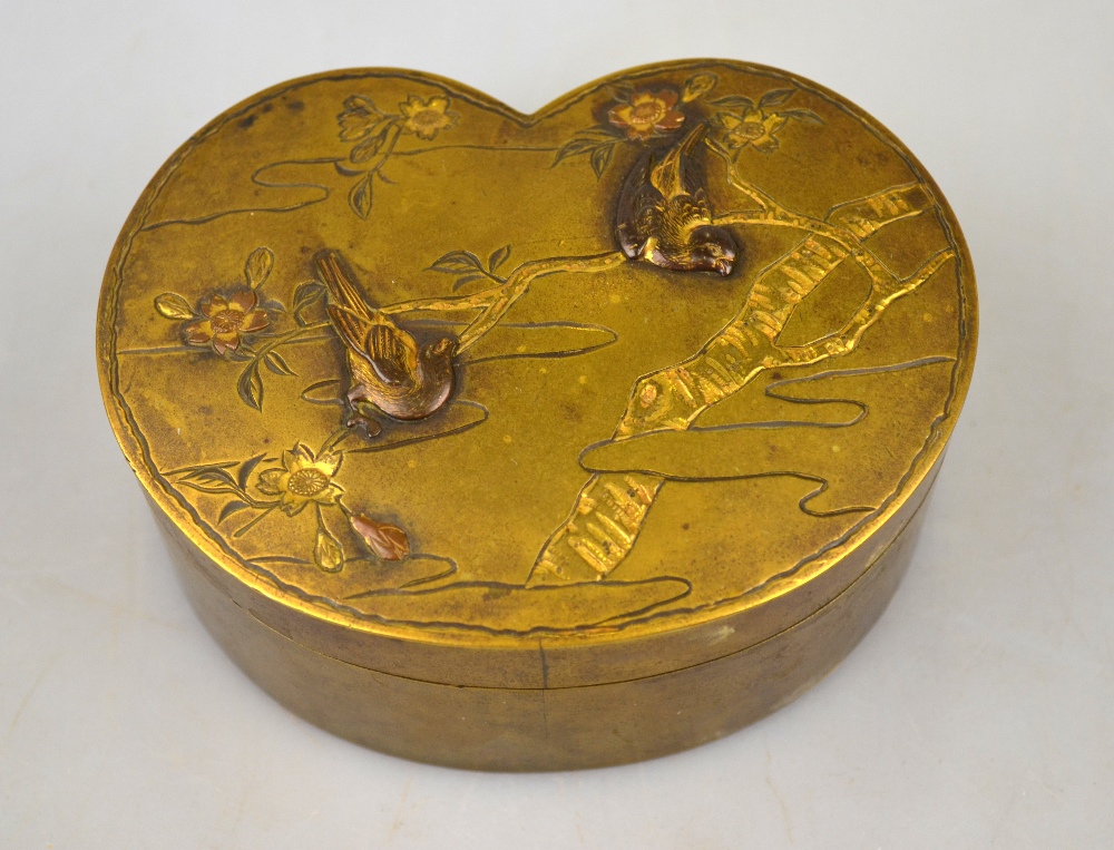 A Japanese brass kidney shaped trinket box,