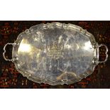 A heavy quality silver oval tray with pie-crust rim and twin handles, makers R. McD & Co.