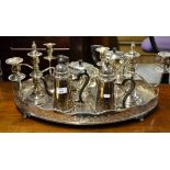 An epns cafe au lait pair, to/w a pair of twin-branch candelabra,