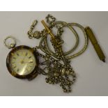 A Swiss .935 fob watch with engraved case and key-wind movement, decorative gilt and enamel dial,