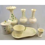 Belleek 6th period, 3rd green mark, 1965-80 - A pair of vases decorated with shamrocks, 13 cm h.,