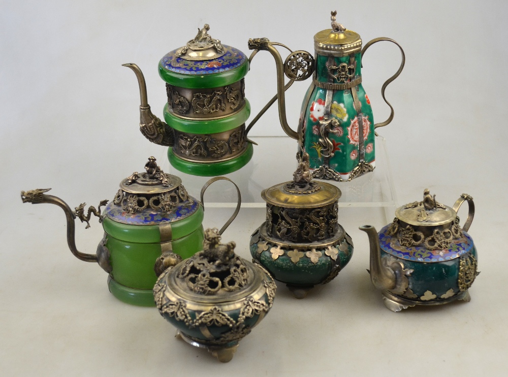 Three Chinese teapots having green glass/hardstone bodies,