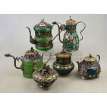 Three Chinese teapots having green glass/hardstone bodies,