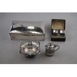 An engraved silver vesta case, Birmingham 1921, to/w a hip-flask, cream jug, pint mug, napkin rings,