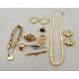 A 9ct gate bracelet and padlock, 9ct quartz set seal, 9ct twisted hoop earrings,