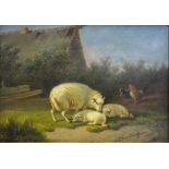 JB van Wiegham - A pair - Sheep and lambs with hens, oil on panel,