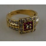 Ruby and diamond square cluster ring having two rows of diamonds on either side,