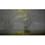 Leonard Jones - Clippers at full mast with rising mist, oil on panel, signed lower left,