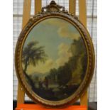 Early 19th century Continental school - An oval landscape with fishermen holding a net,
