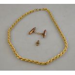 A 9ct yellow gold hollow rope necklace chain to/w yellow metal cufflink and necklace clasp,