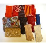 Gold sequinned evening bag, four pairs of leather ladies' gloves, a red/yellow printed silk stole,