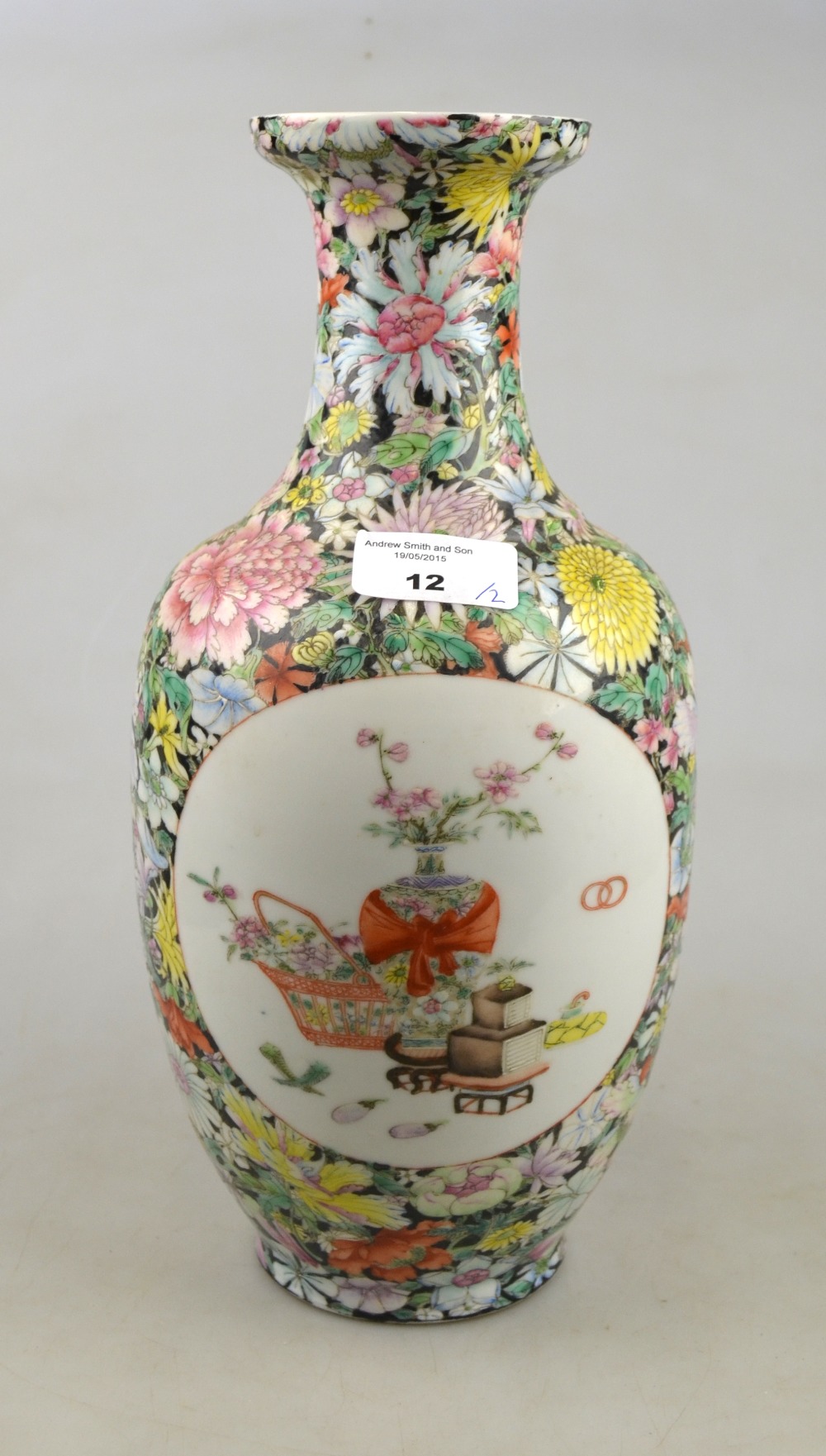 A Chinese millefiore vase decorated with two circular panels of polychrome vases of flowers, - Image 3 of 7